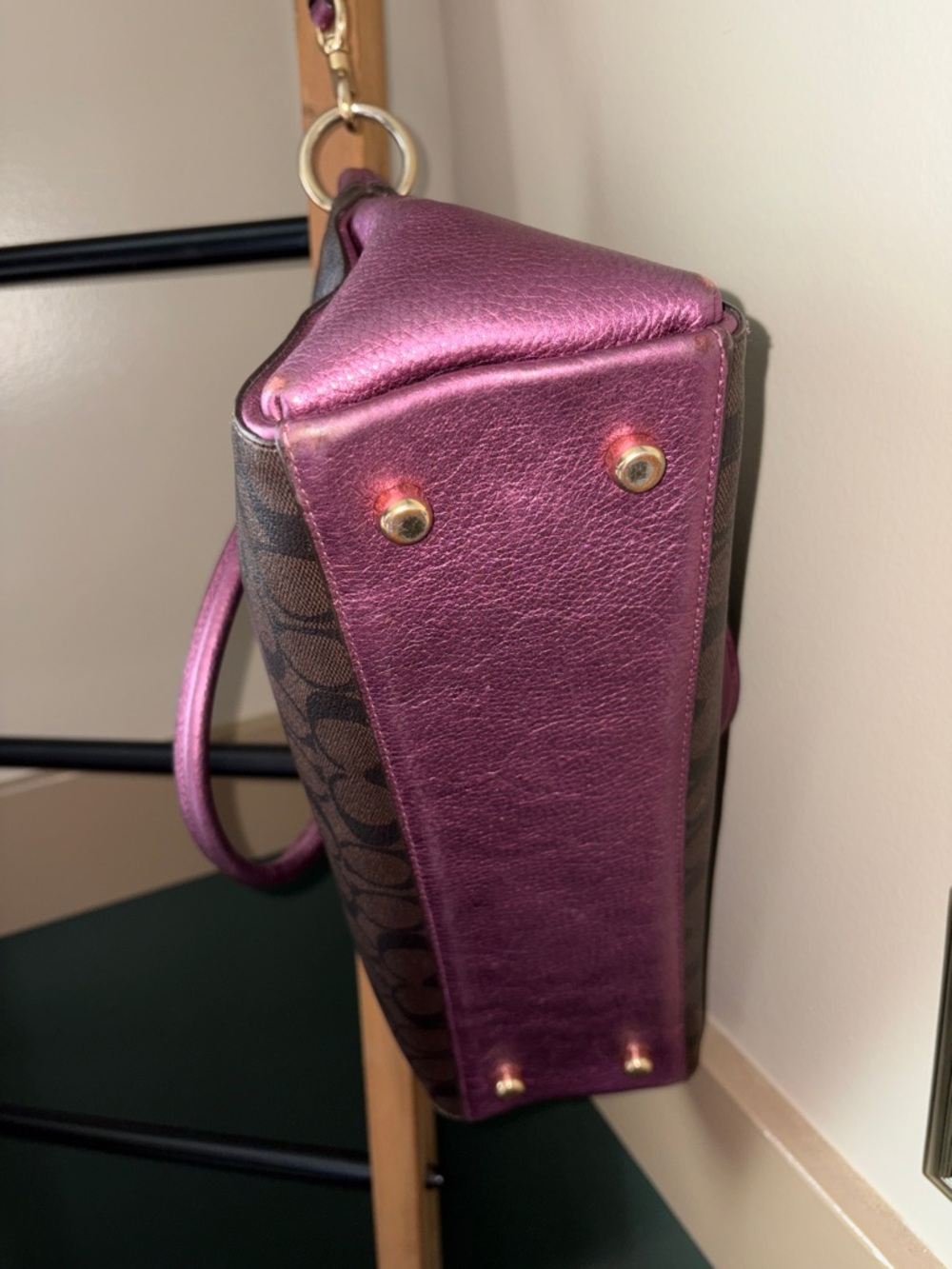 Coach Brown Signature Satchel with Metallic Pink Trim - Picture 6 of 8